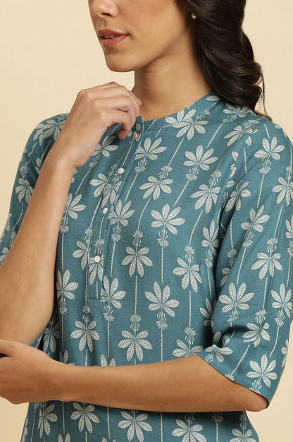 Blue Floral Printed Mandarin Collar Kurta