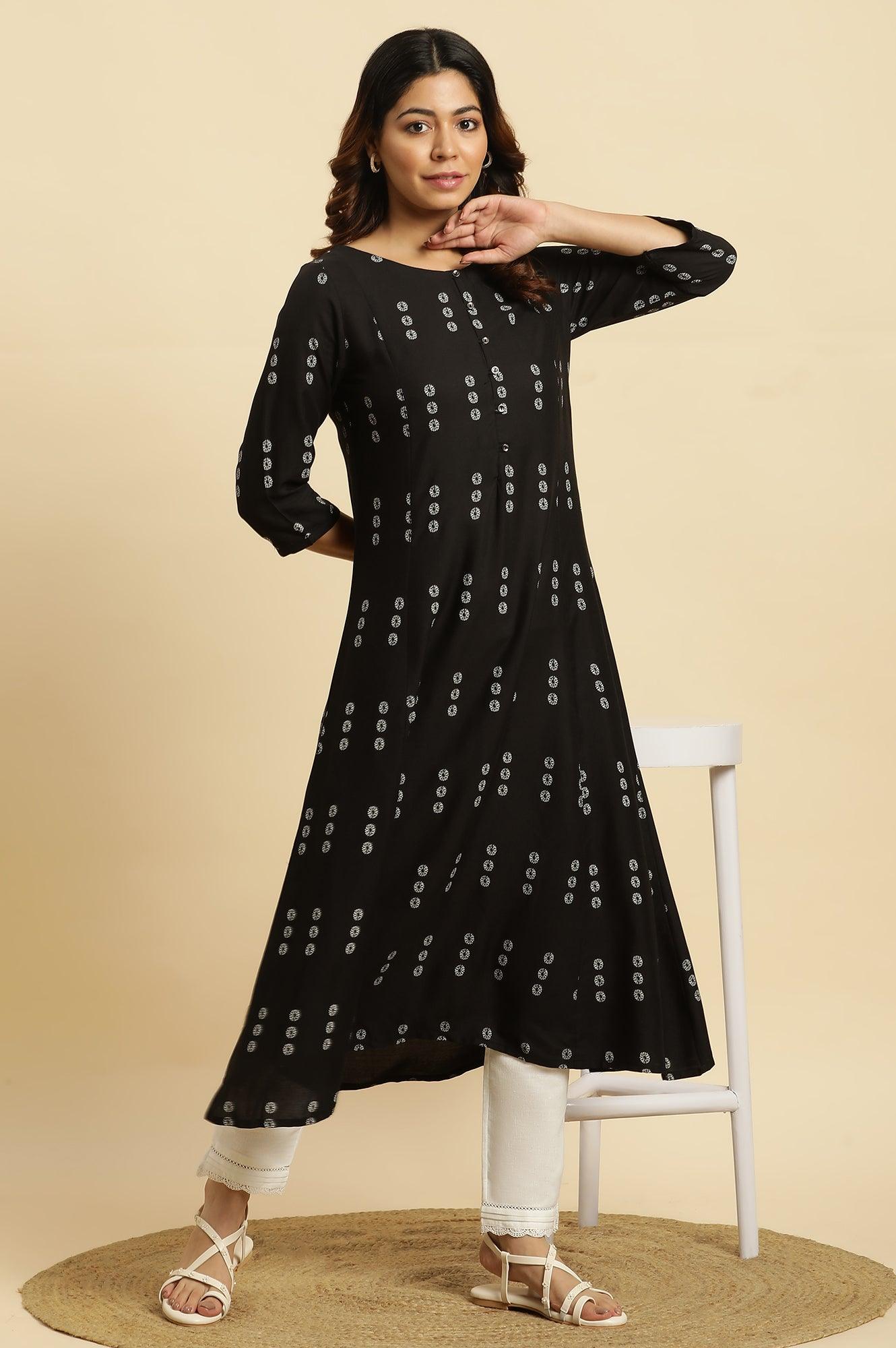 Black Floral Printed A-Line Kurta - wforwoman