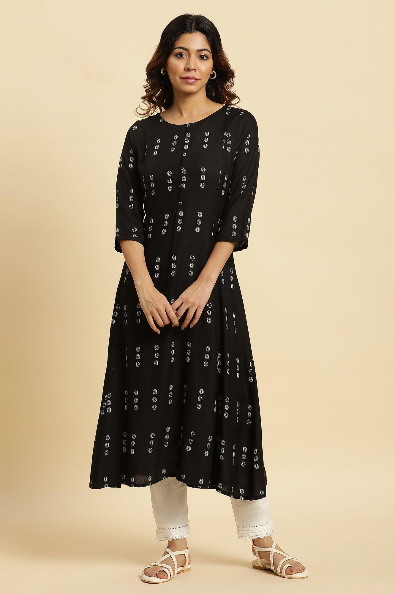 Black Floral Printed A-Line Kurta - wforwoman