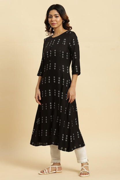 Black Floral Printed A-Line Kurta - wforwoman