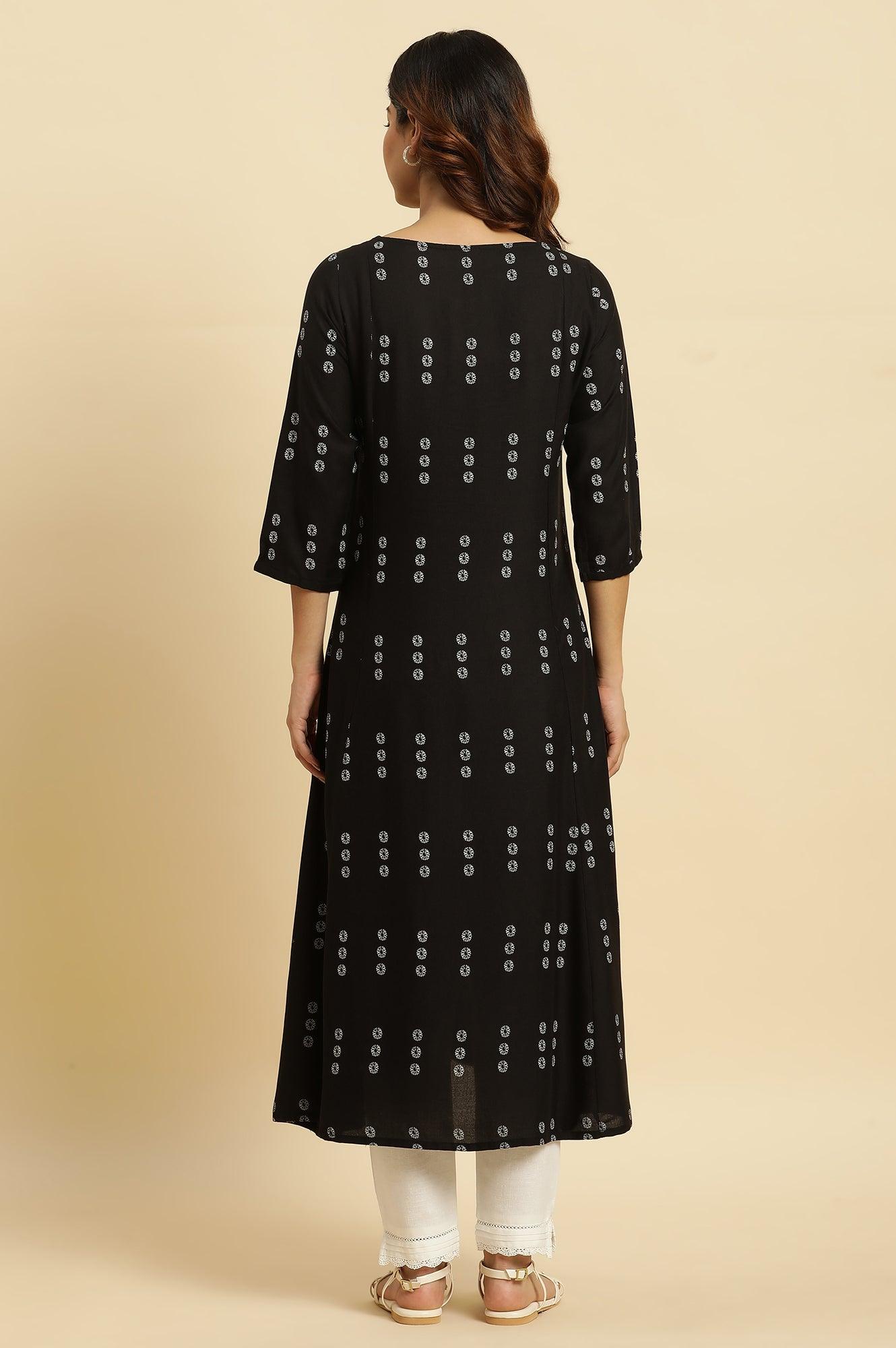 Black Floral Printed A-Line Kurta - wforwoman