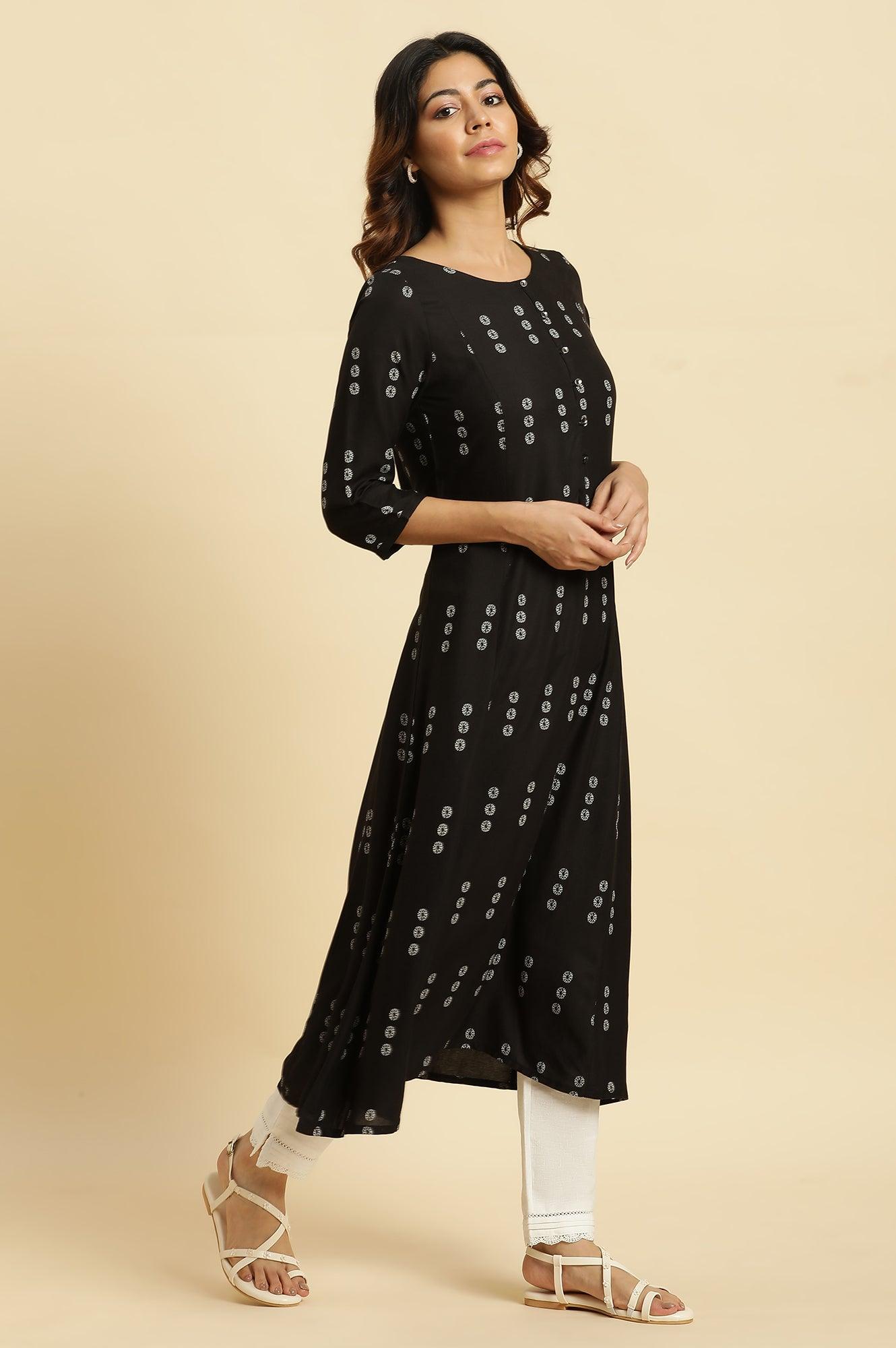 Black Floral Printed A-Line Kurta - wforwoman