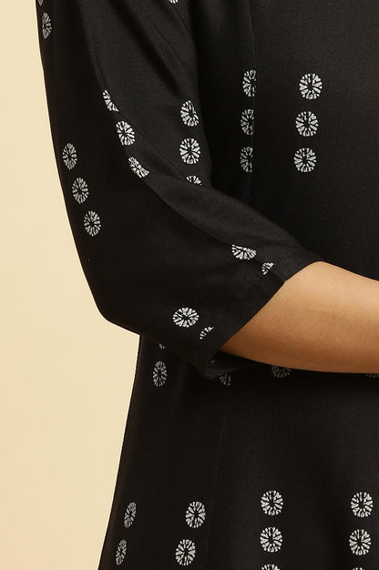 Black Floral Printed A-Line Kurta - wforwoman