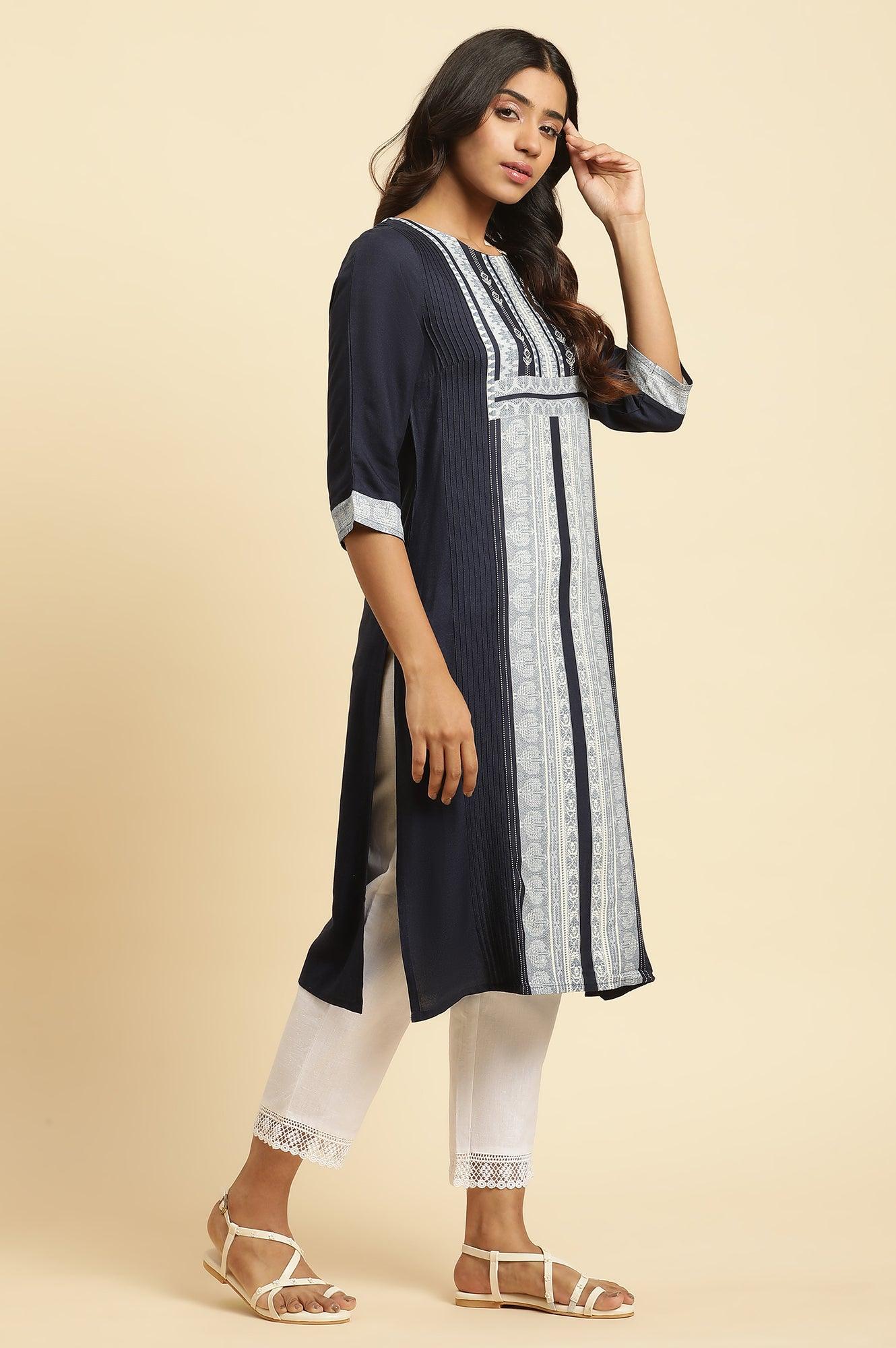 Blue Straight Kurta With Printed Front Panel - wforwoman