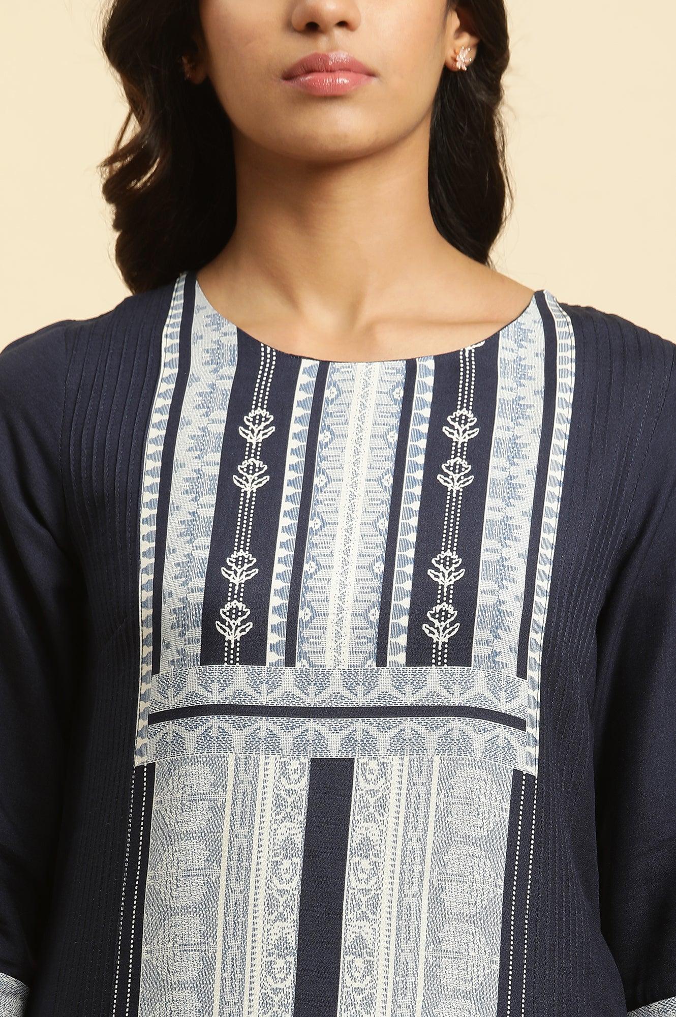 Blue Straight Kurta With Printed Front Panel - wforwoman