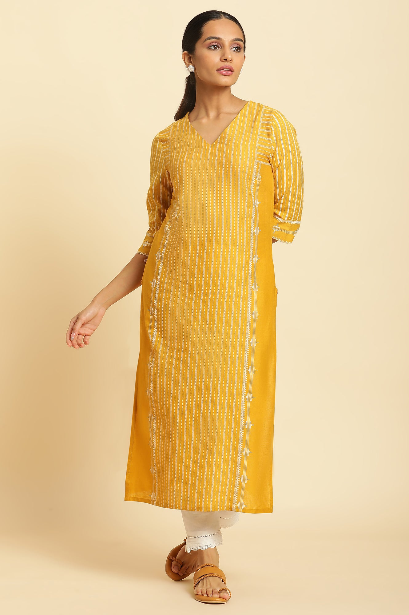 Mustard Yellow Printed Straight Kurta