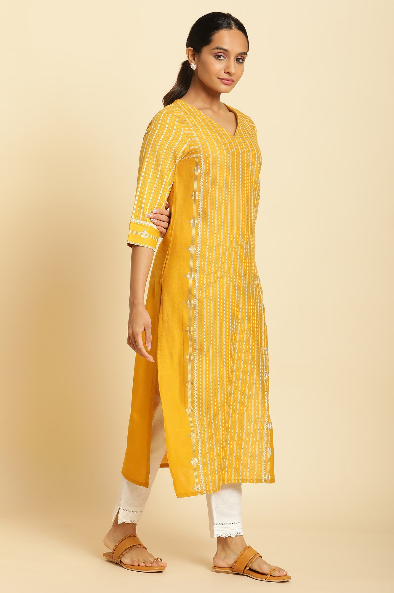 Mustard Yellow Printed Straight Kurta