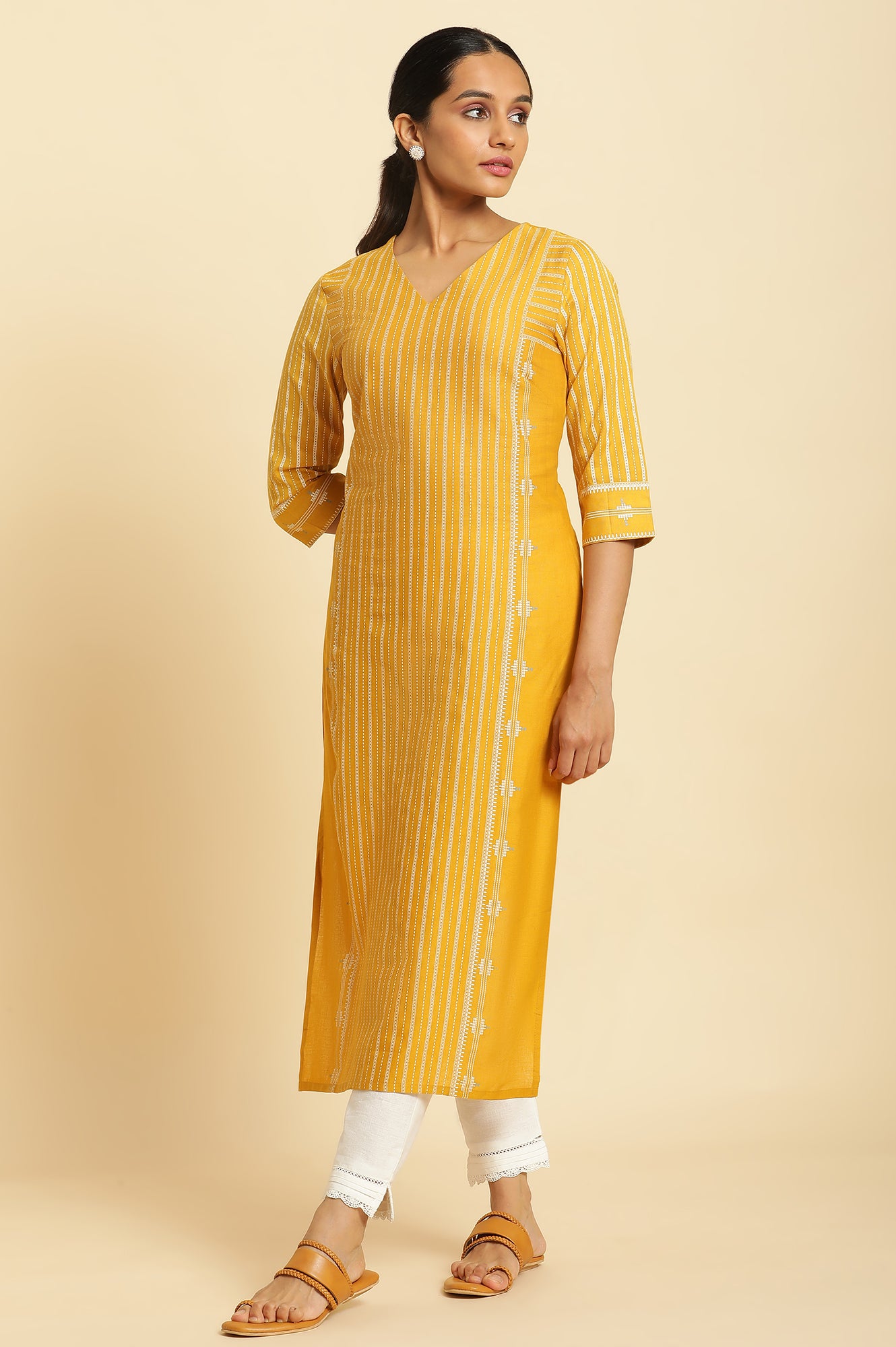 Mustard Yellow Printed Straight Kurta