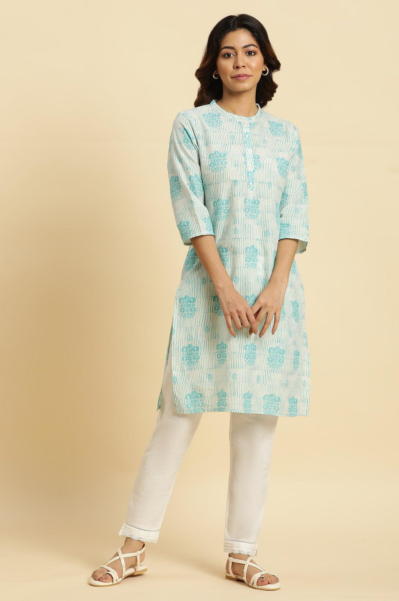 Cool Blue Printed Casual Kurta In Mandarin Collar - wforwoman