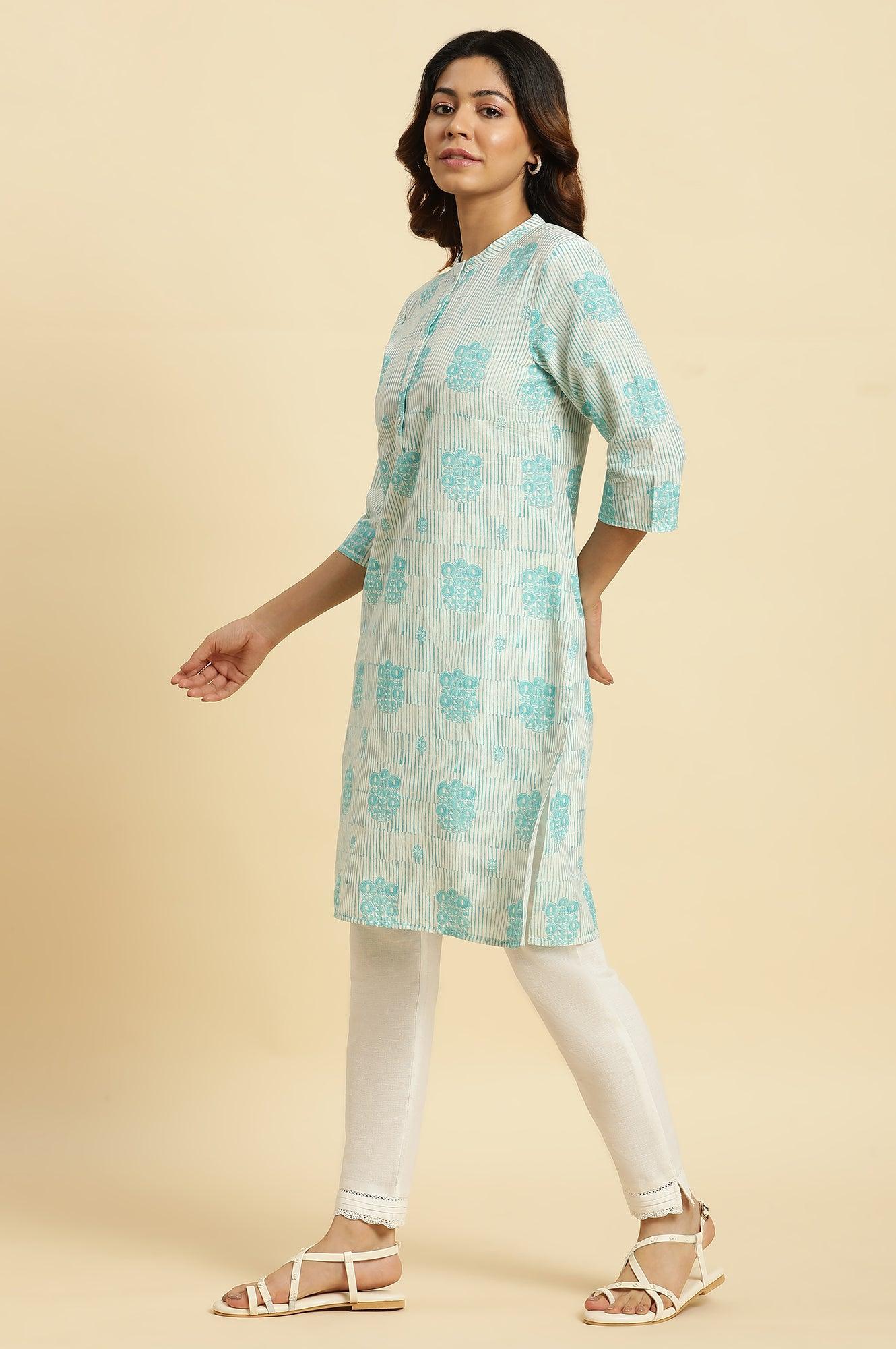 Cool Blue Printed Casual Kurta In Mandarin Collar - wforwoman