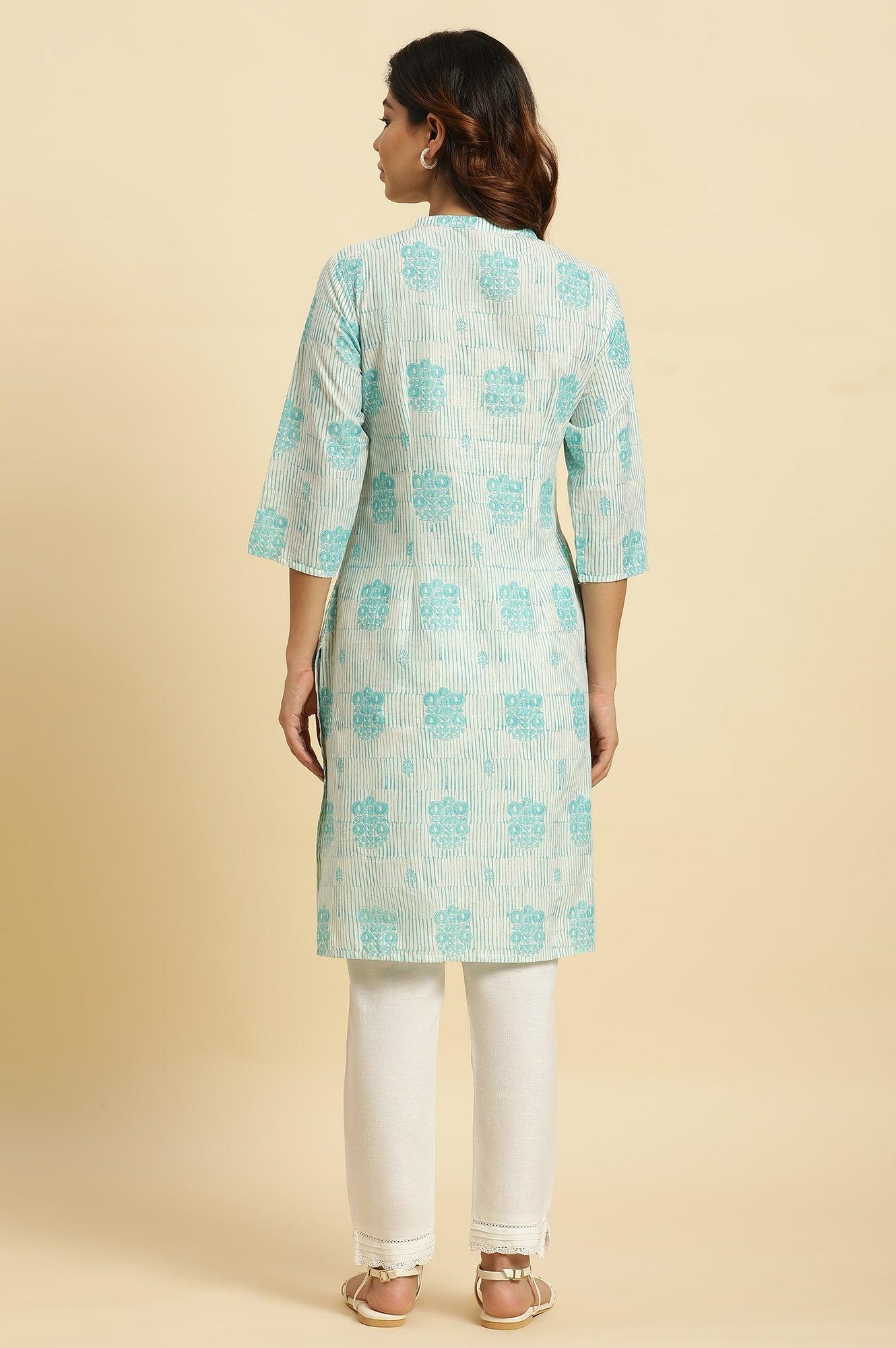 Cool Blue Printed Casual Kurta In Mandarin Collar - wforwoman