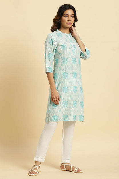 Cool Blue Printed Casual Kurta In Mandarin Collar - wforwoman