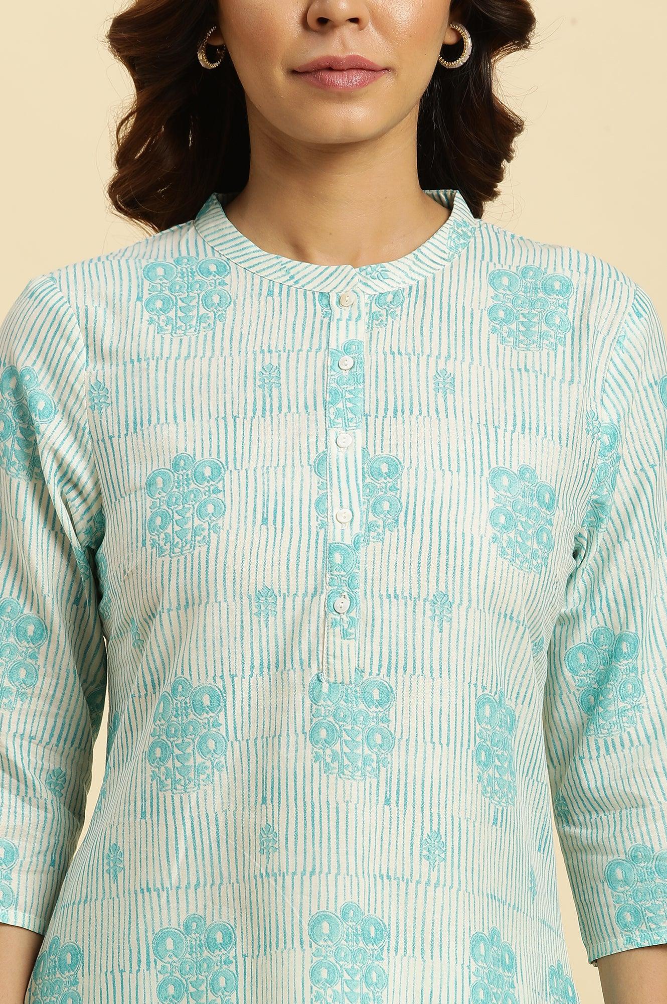 Cool Blue Printed Casual Kurta In Mandarin Collar - wforwoman