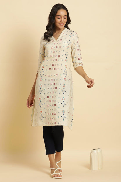 Ecru Cottom Flax Kurta In Multi-Coloured Print - wforwoman