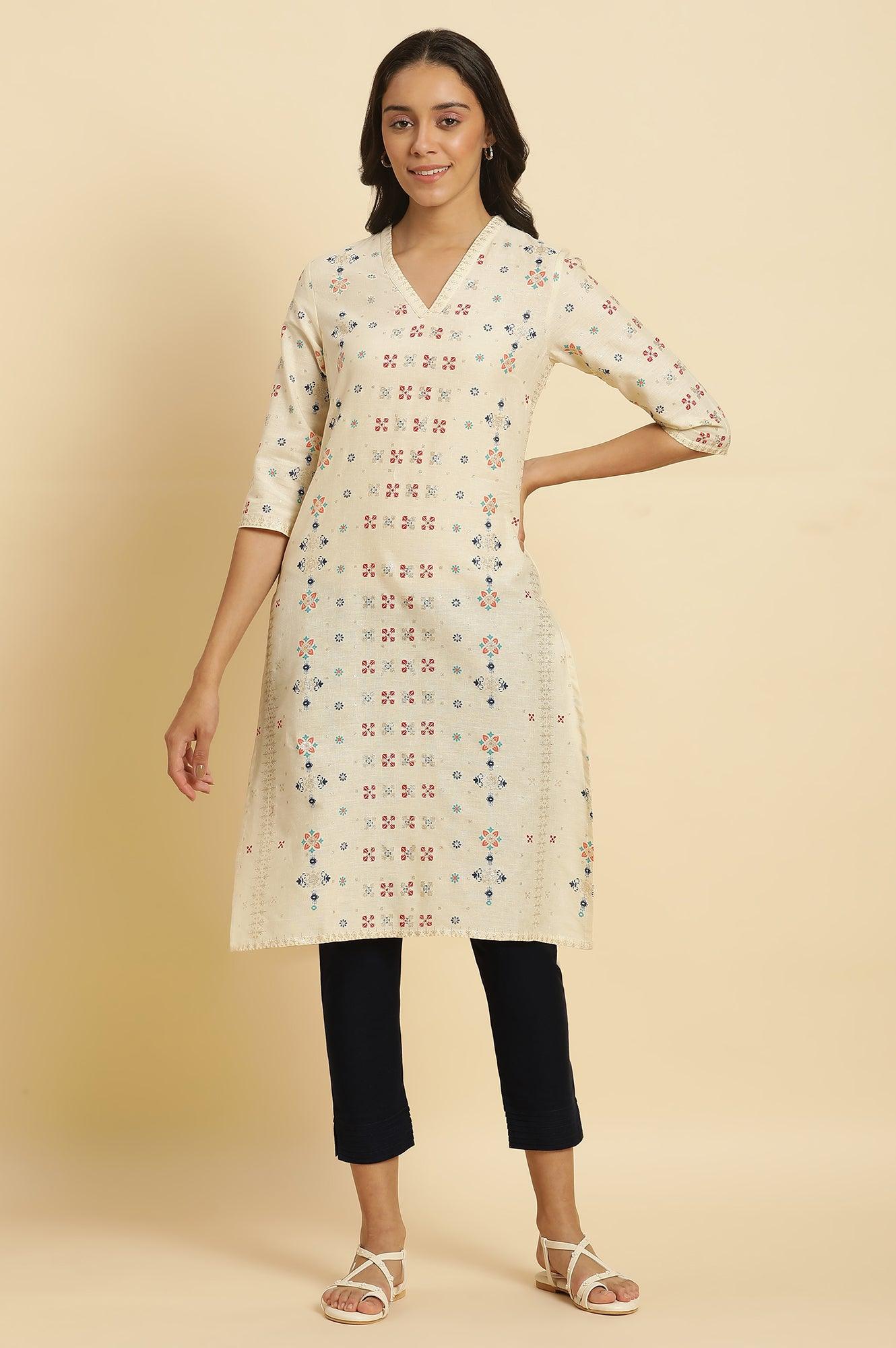 Ecru Cottom Flax Kurta In Multi-Coloured Print - wforwoman