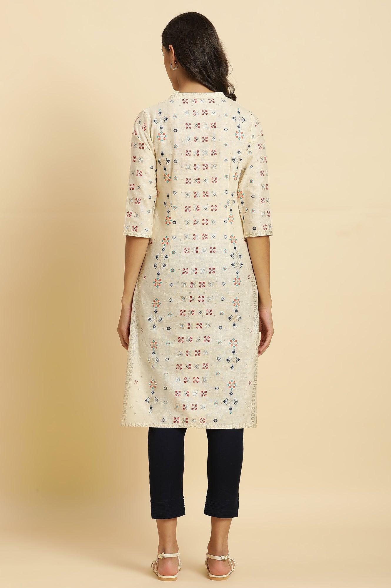 Ecru Cottom Flax Kurta In Multi-Coloured Print - wforwoman