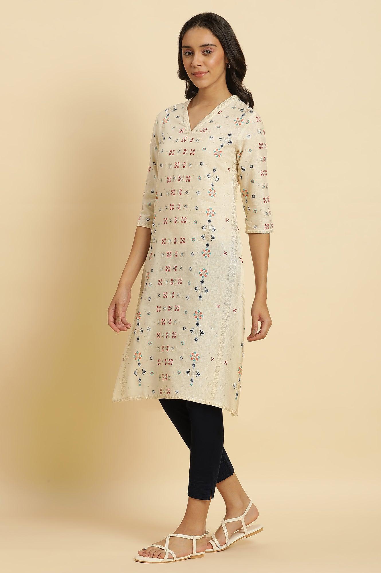 Ecru Cottom Flax Kurta In Multi-Coloured Print - wforwoman