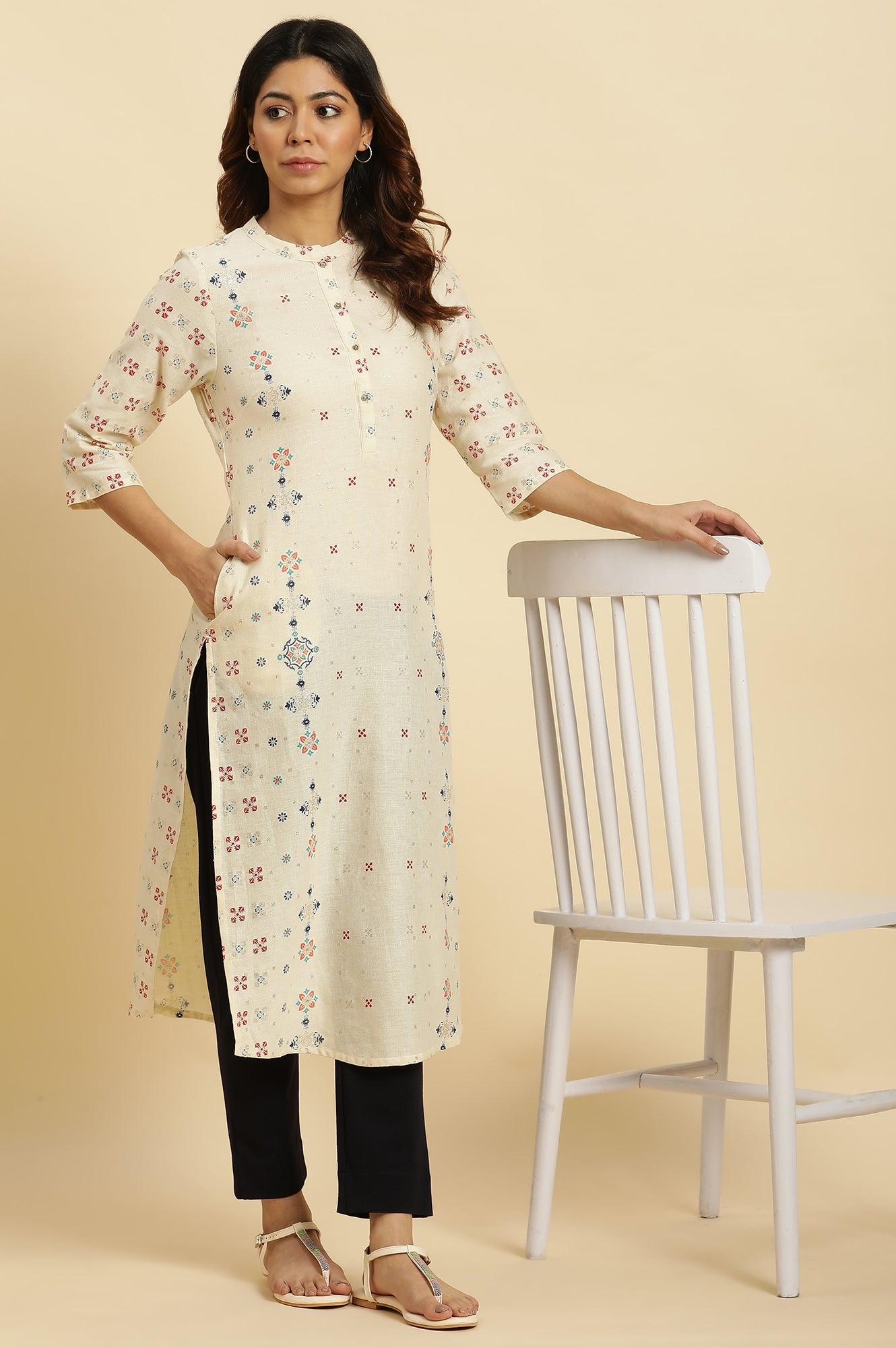 Ecru Half Placket Kurta With Multi-Coloure Print - wforwoman