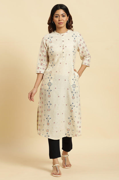 Ecru Half Placket Kurta With Multi-Coloure Print - wforwoman