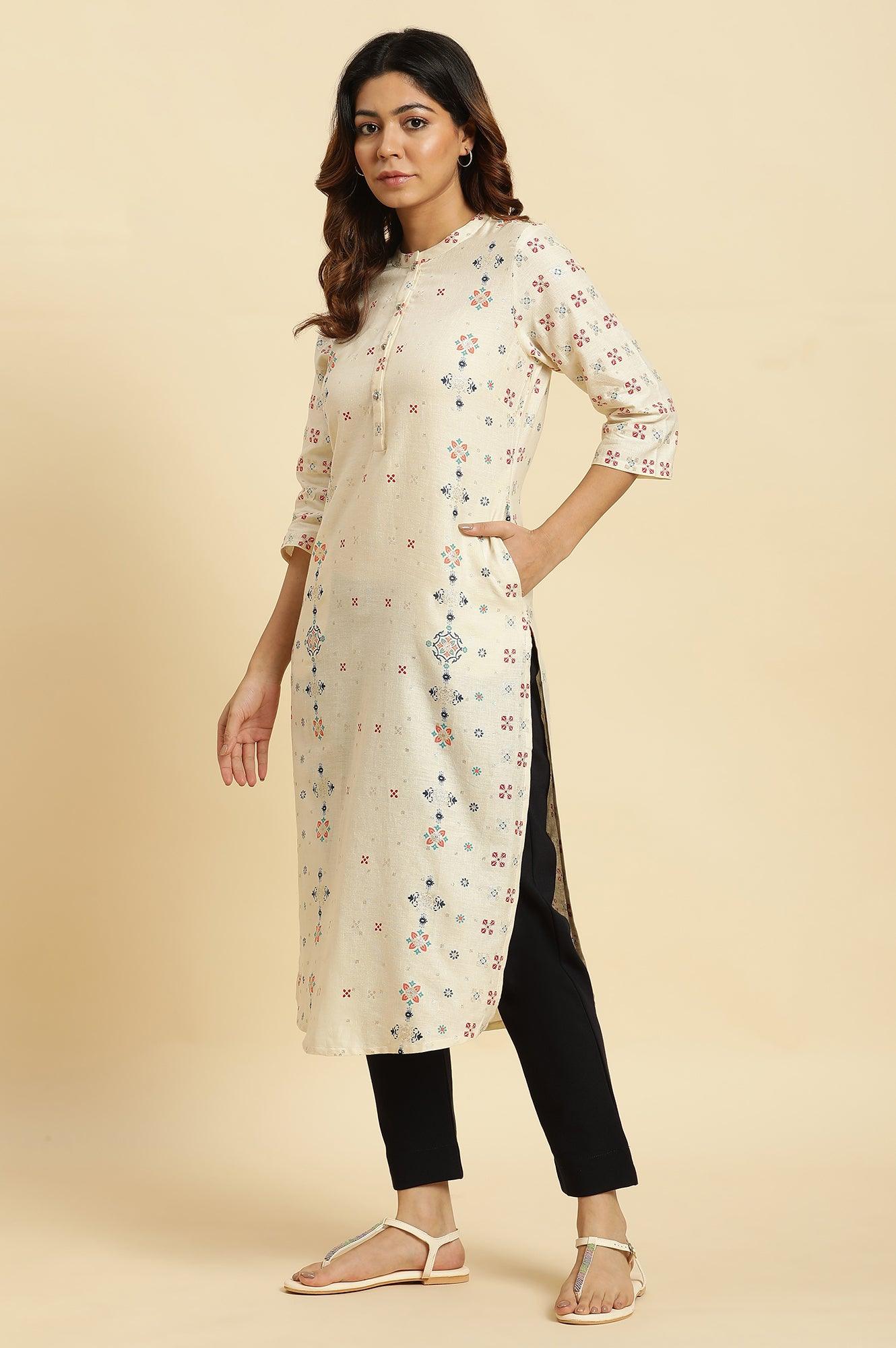 Ecru Half Placket Kurta With Multi-Coloure Print - wforwoman