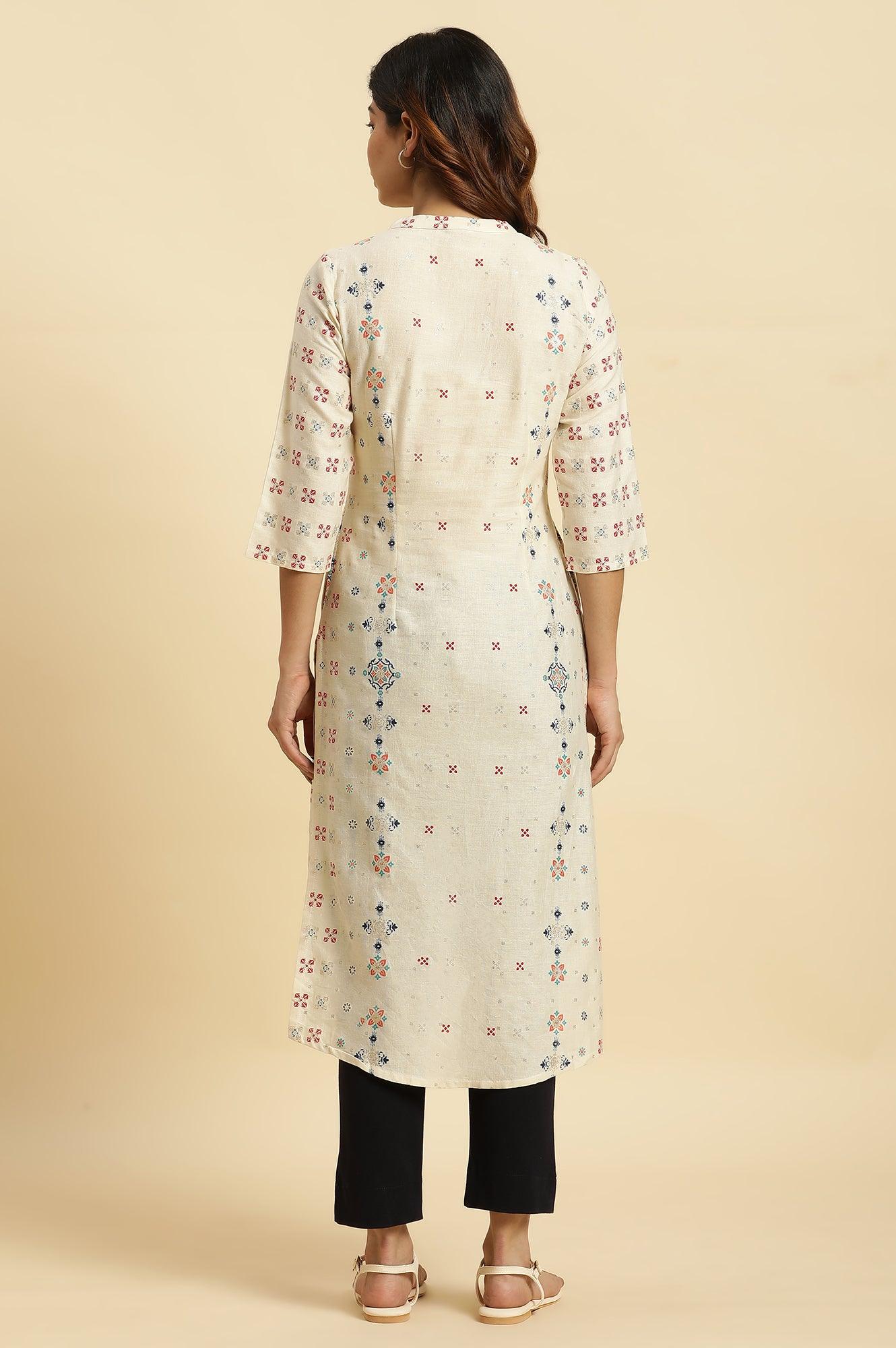 Ecru Half Placket Kurta With Multi-Coloure Print - wforwoman