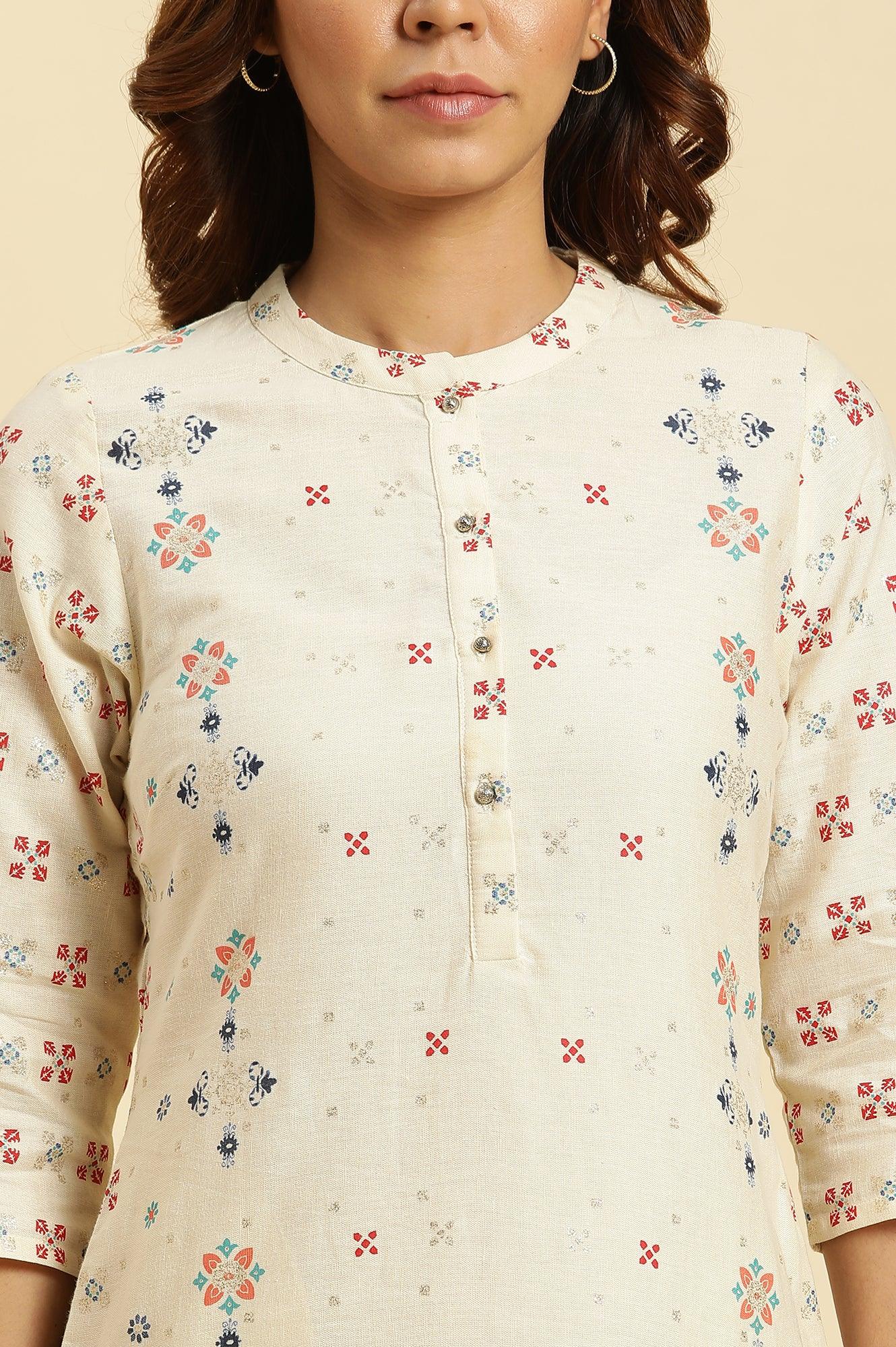 Ecru Half Placket Kurta With Multi-Coloure Print - wforwoman