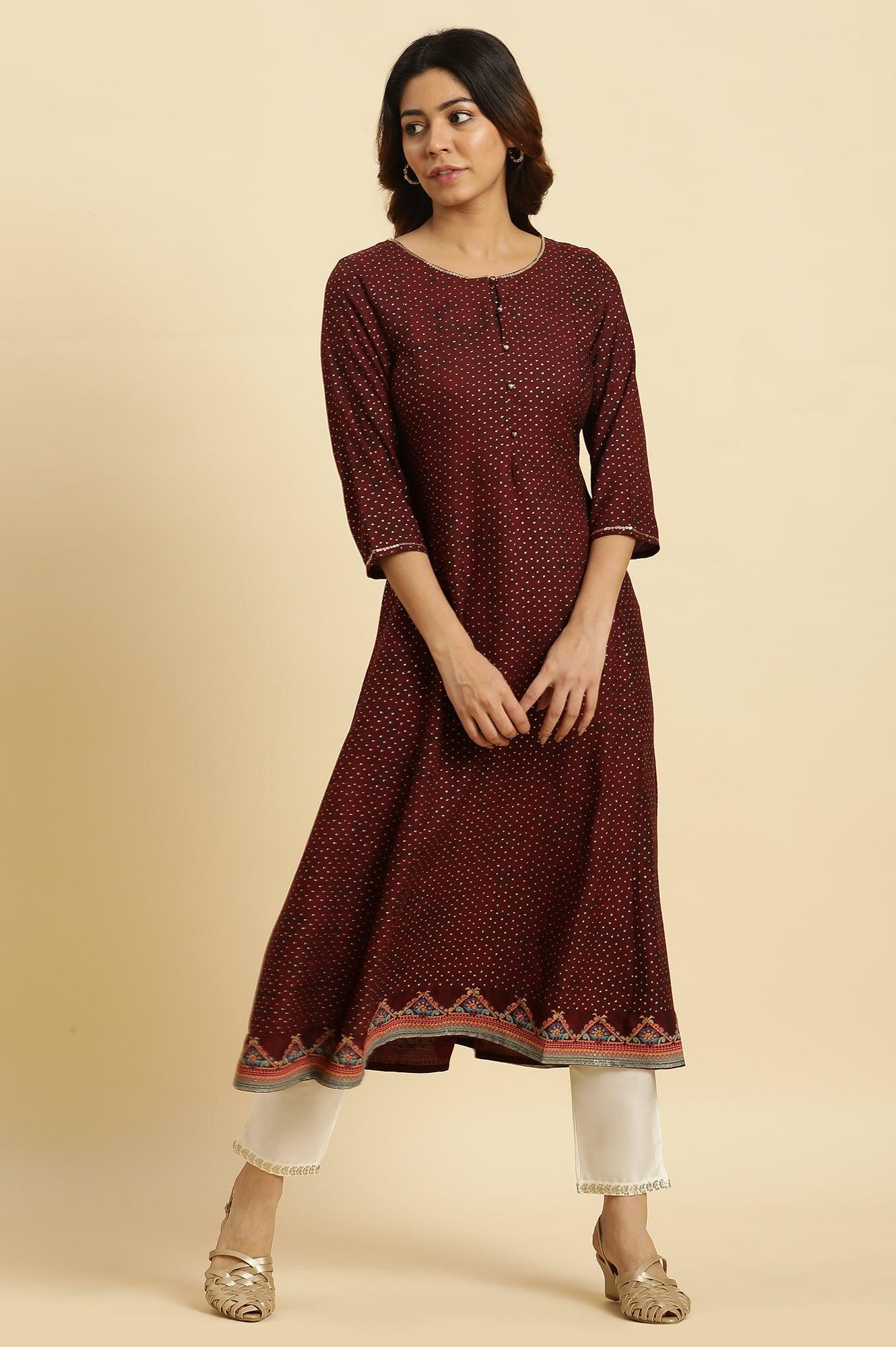 Dark Brown Embellished Flared Kurta - wforwoman