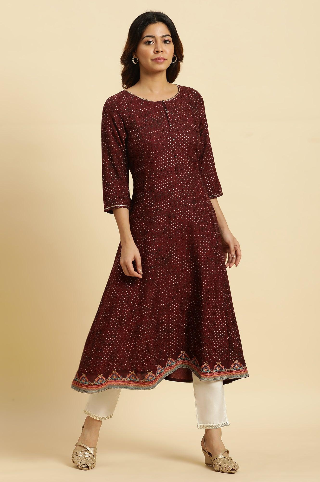 Dark Brown Embellished Flared Kurta - wforwoman