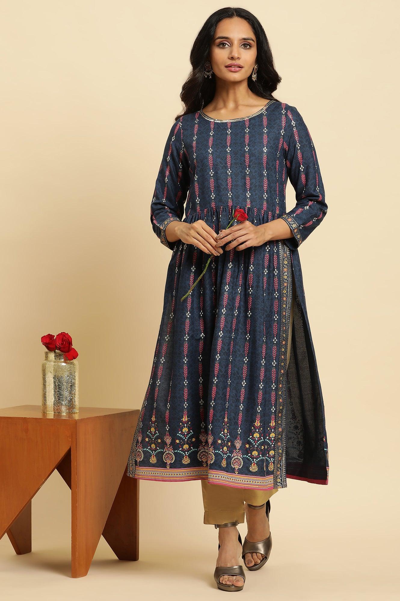 Navy Blue Naira Cut Floral Printed Festive Kurta - wforwoman