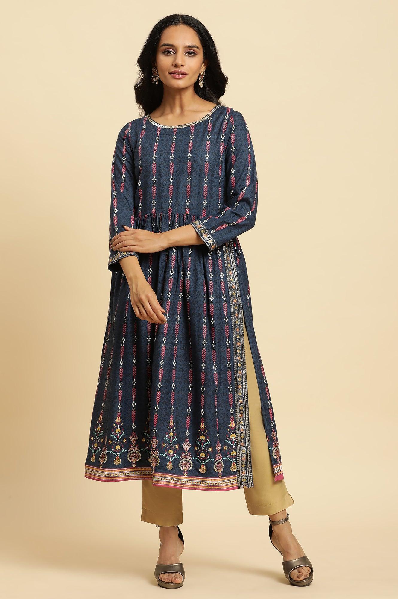 Navy Blue Naira Cut Floral Printed Festive Kurta - wforwoman