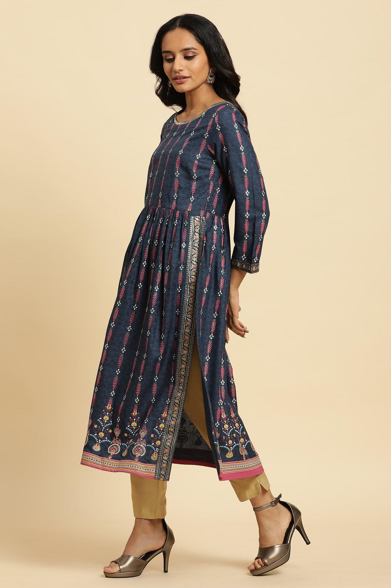 Navy Blue Naira Cut Floral Printed Festive Kurta - wforwoman