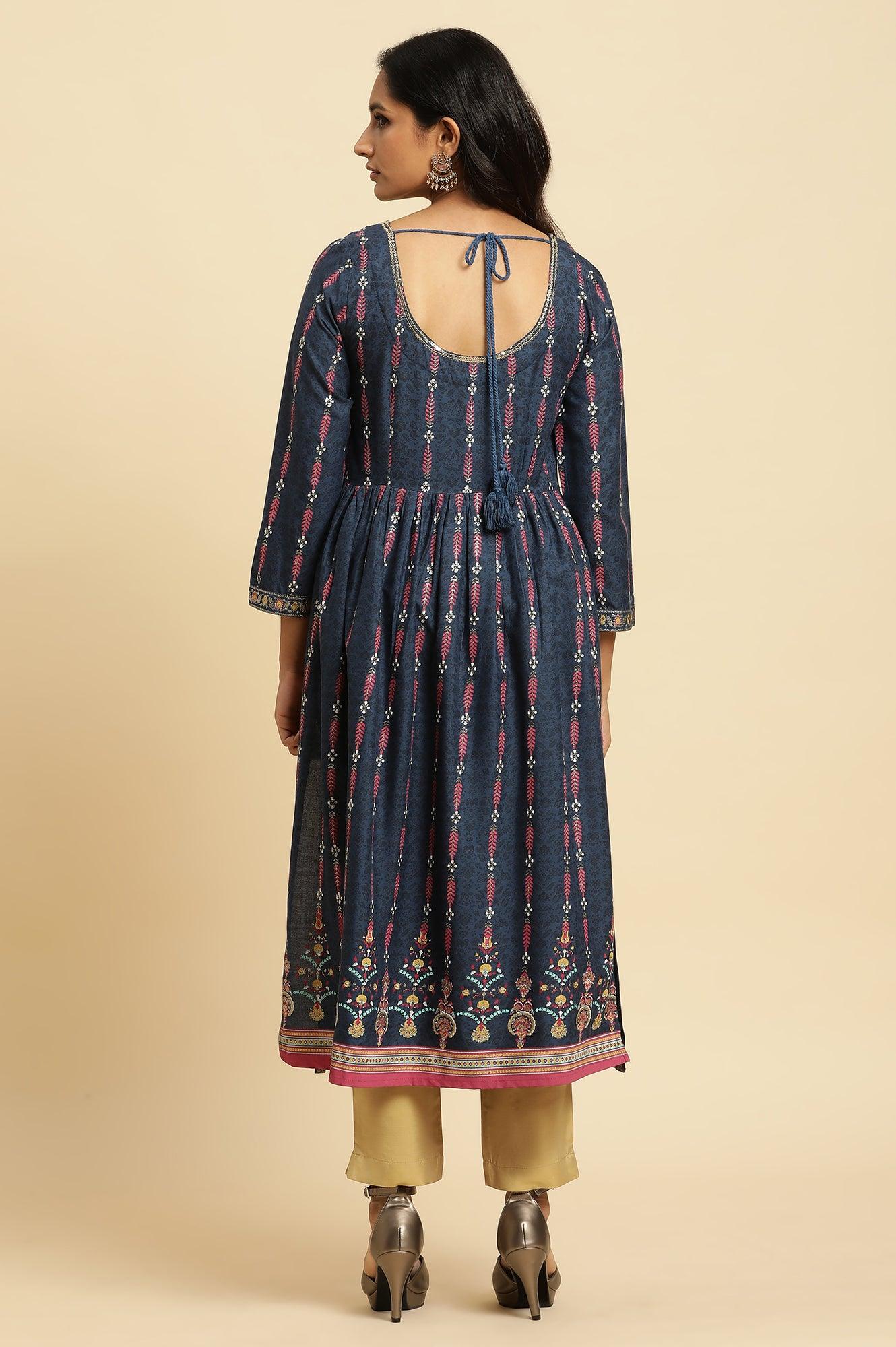 Navy Blue Naira Cut Floral Printed Festive Kurta - wforwoman