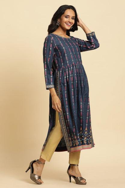 Navy Blue Naira Cut Floral Printed Festive Kurta - wforwoman