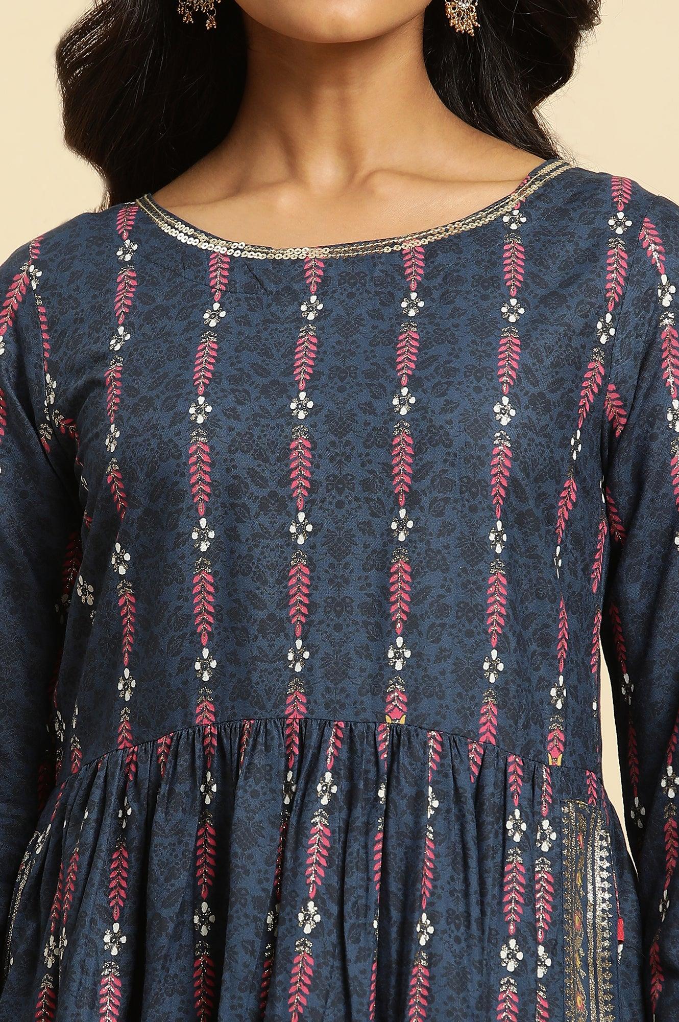 Navy Blue Naira Cut Floral Printed Festive Kurta - wforwoman