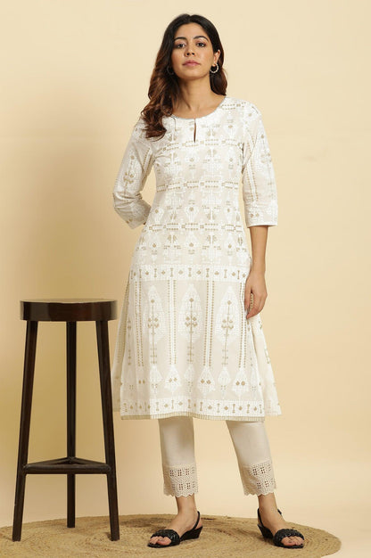 Ecru Glitter Printed Light Festive Kurta - wforwoman