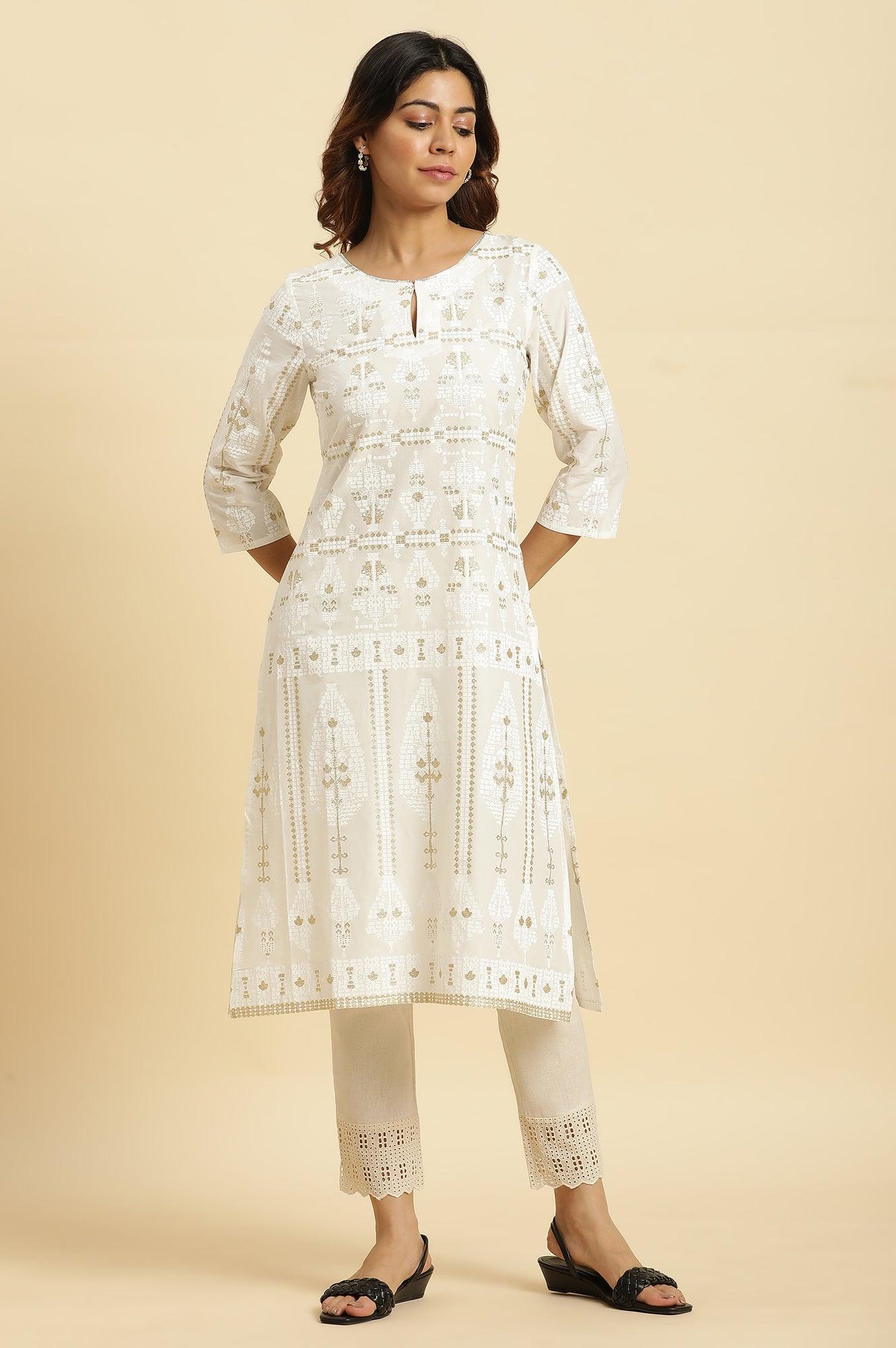 Ecru Glitter Printed Light Festive Kurta - wforwoman