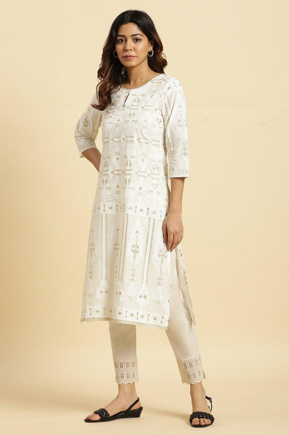 Ecru Glitter Printed Light Festive Kurta - wforwoman