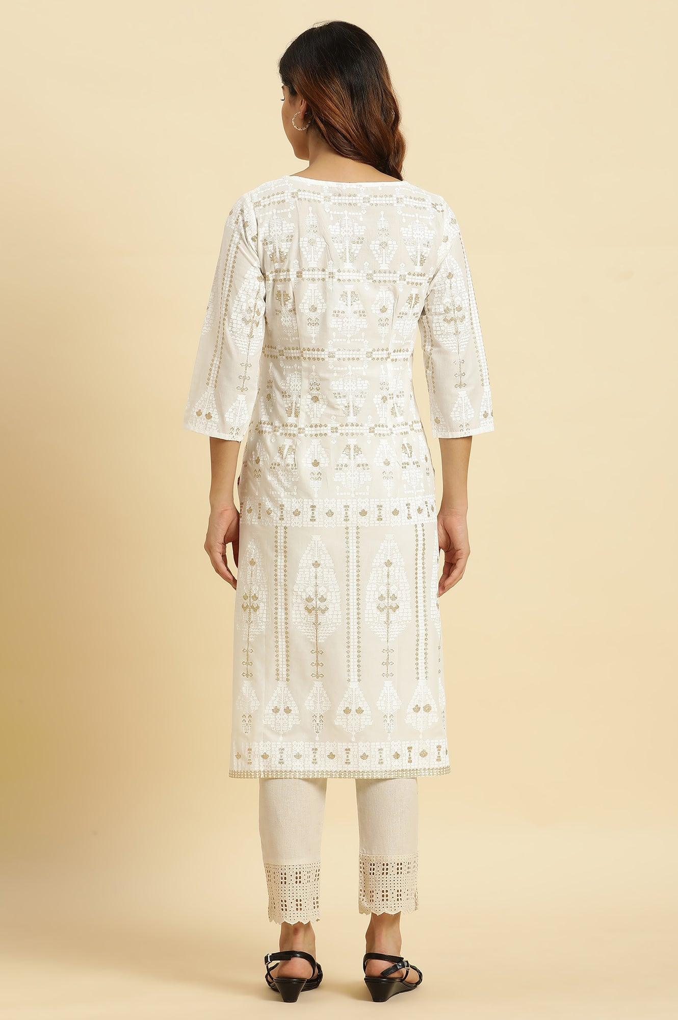 Ecru Glitter Printed Light Festive Kurta - wforwoman