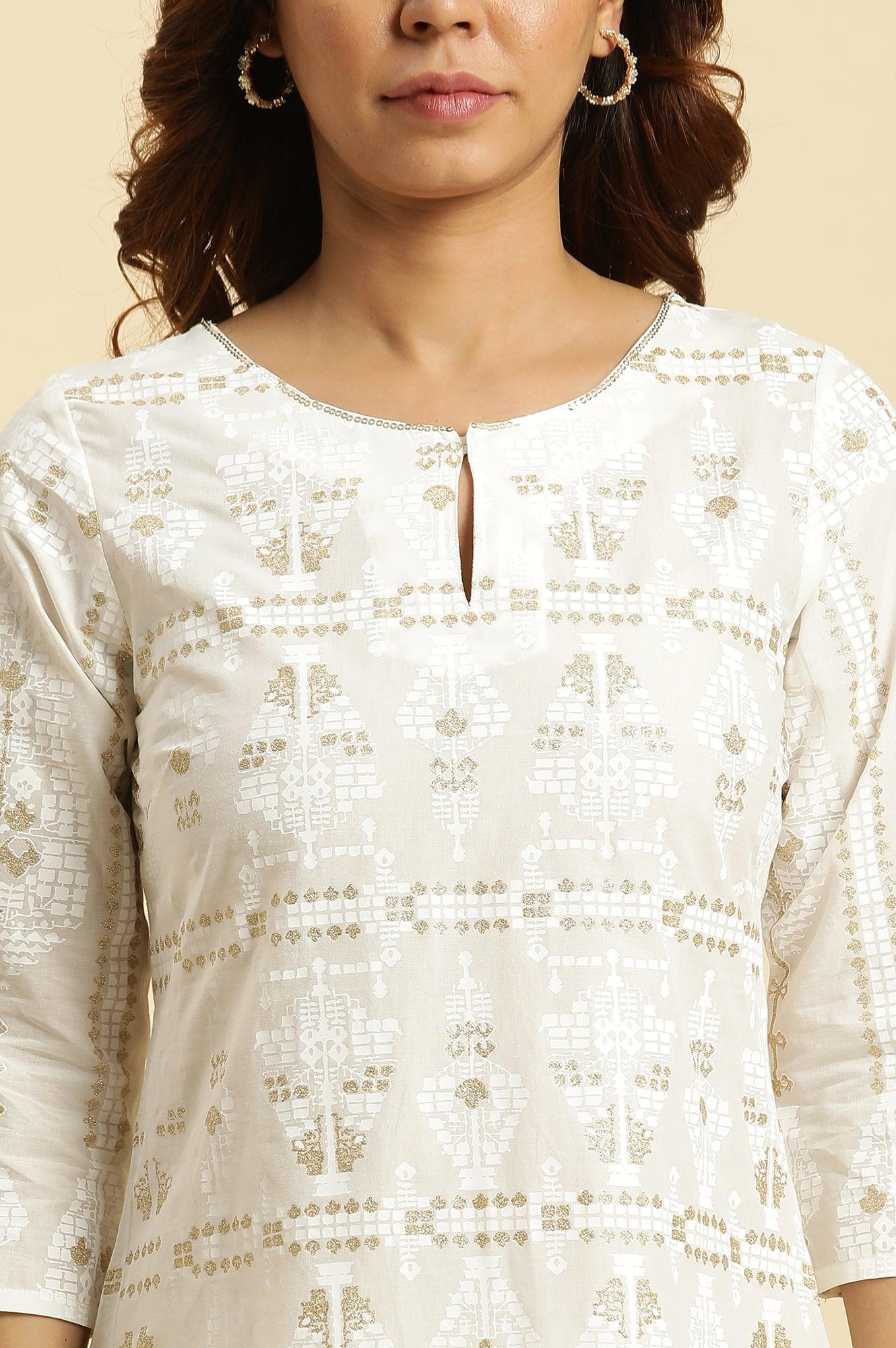 Ecru Glitter Printed Light Festive Kurta - wforwoman