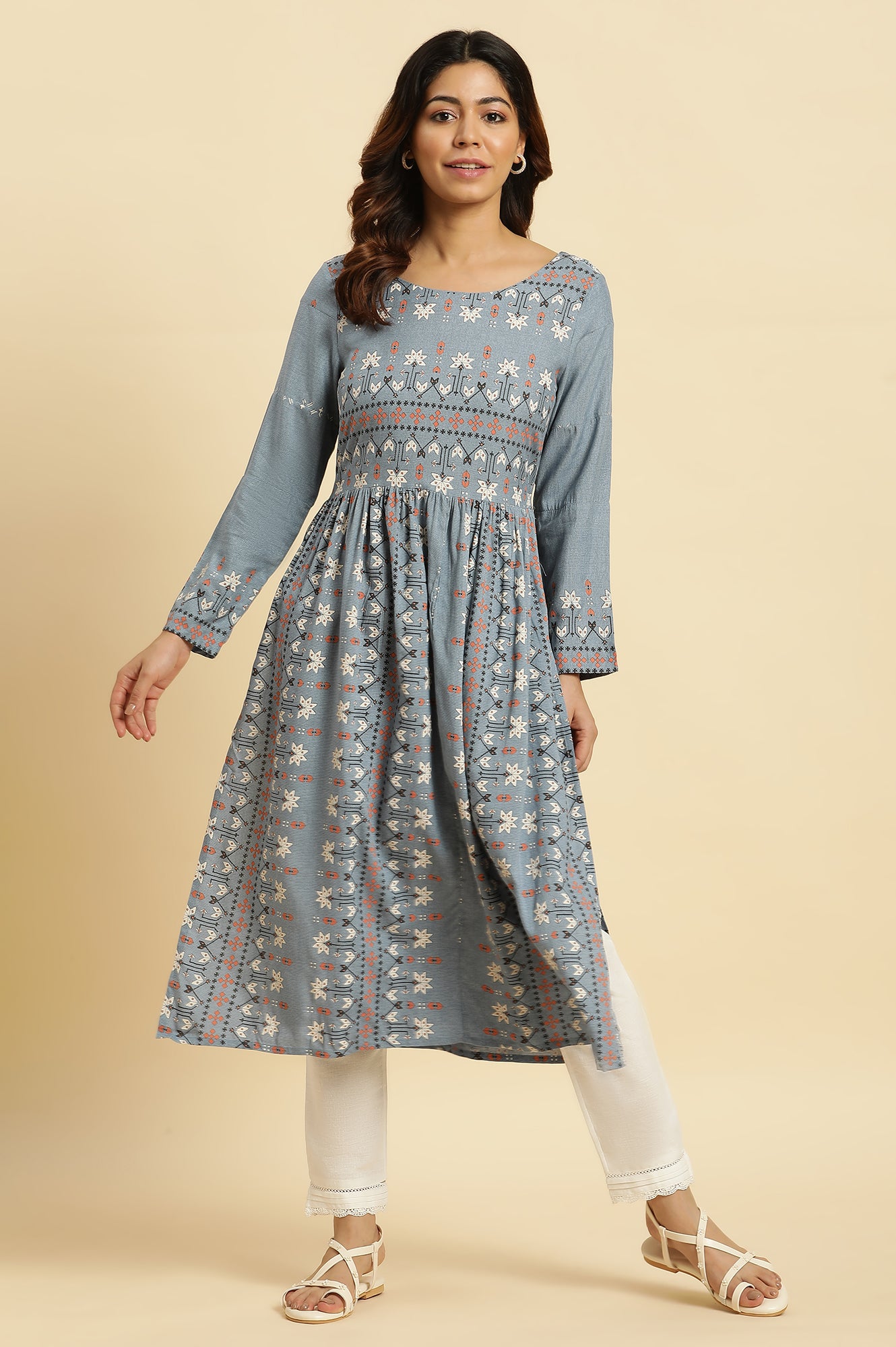 Blue Aztec Printed High Slit Kurta