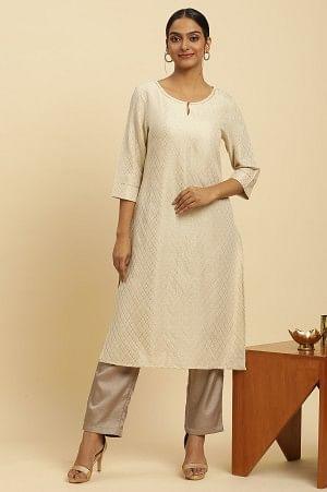 Ecru Dobby Festive Embellished Kurta - wforwoman