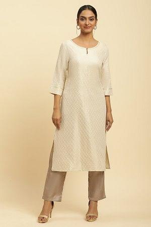 Ecru Dobby Festive Embellished Kurta - wforwoman