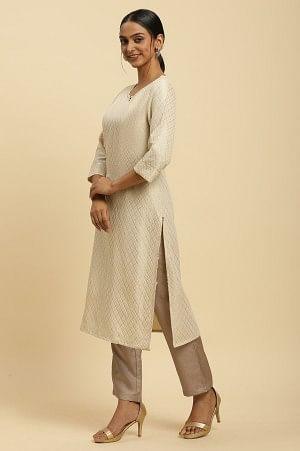 Ecru Dobby Festive Embellished Kurta - wforwoman