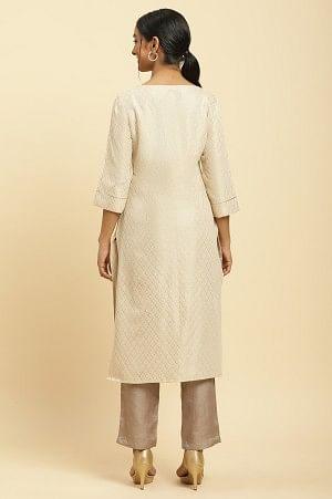 Ecru Dobby Festive Embellished Kurta - wforwoman