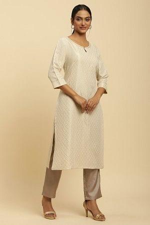 Ecru Dobby Festive Embellished Kurta - wforwoman