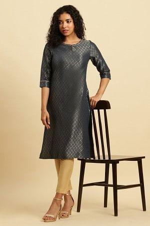 Grey Dobby Festive Embellished Kurta - wforwoman