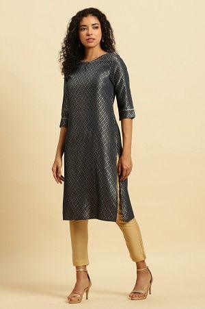 Grey Dobby Festive Embellished Kurta - wforwoman