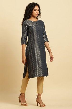 Grey Dobby Festive Embellished Kurta - wforwoman