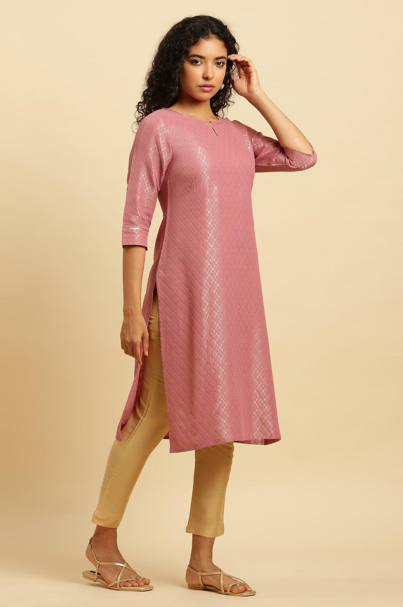 Pink Dobby Festive Embellished Kurta - wforwoman