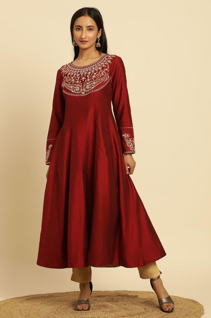 Maroon Embroidered Flared Kurta - wforwoman